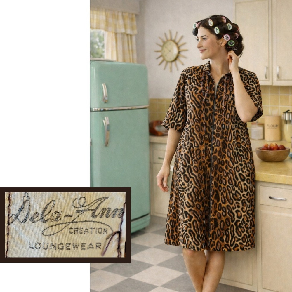 Dela-Ann Creation, 1960's Vintage Housecoat‎ Leopard Lounge Robe in Brown, Black
